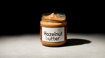 A jar of creamy hazelnut butter, lit by a spotlight on a counter, showcasing a delicious nut spread.