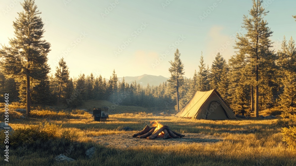 Poster Camping in serene forest with tent and campfire during golden hour in tranquil location. Generative AI