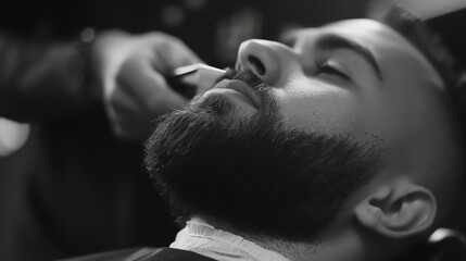 A black and white close up of a man getting his beard trimmed with an electric razor. The man is relaxed with his eyes closed.