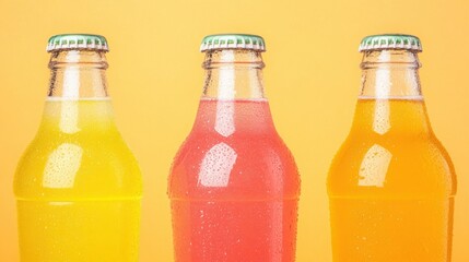 Colorful Soda Bottles with Droplets on Surface Set Against a Bright Yellow Background Showcasing Refreshing Beverage Varieties and Summer Vibes
