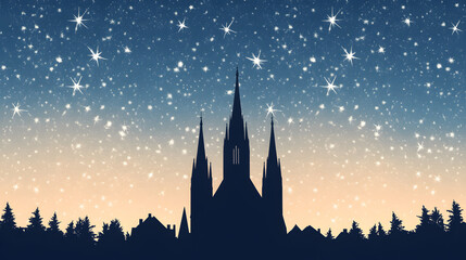 Fototapeta premium Silhouette of a Gothic-style cathedral against a starry sky, minimalist, hand-drawn style, with the stars depicted as hand-drawn cross stars