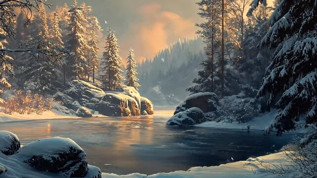 Snowy winter landscape with river, snow-covered rocks, and pine trees under a soft light.