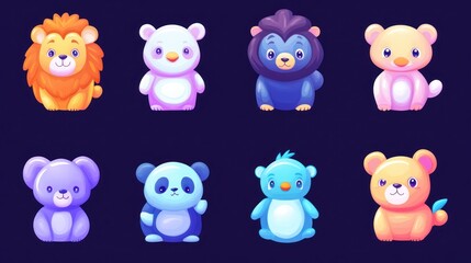 Fototapeta premium Cute cartoon animal collection, colorful plush toys, dark background, children's book illustration