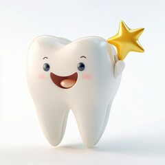 Happy tooth holding a tiny golden star isolated on white