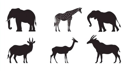 Fototapeta premium African wildlife silhouettes; elephants, giraffes, antelopes; safari; educational material