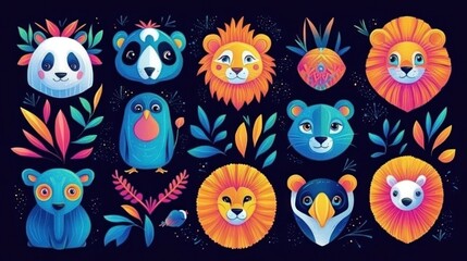 Fototapeta premium Colorful animal heads, jungle foliage, dark background; kids' book illustration