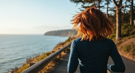 Fototapeta premium Woman running on coastal path with ocean view at sunset