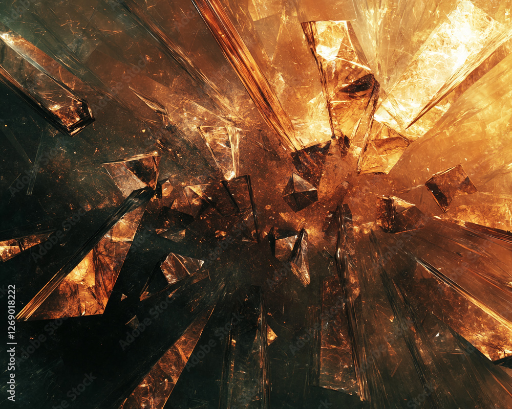 Poster close-up view of shattered glass pieces with glowing orange light, creating an explosion-like effect