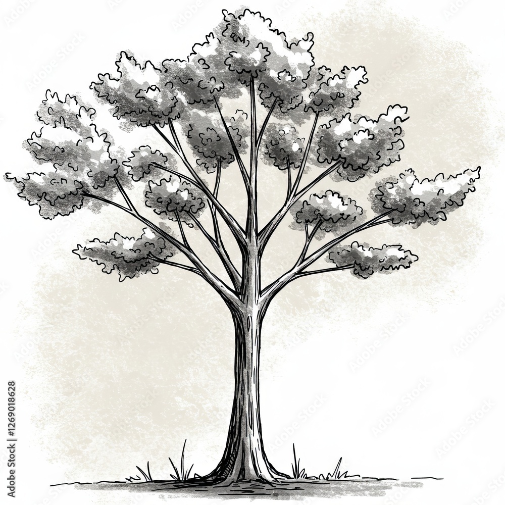Poster artistic tree sketch with lush foliage and soft texture background