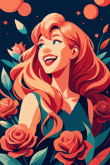 Joyful redhead lady with flowing hair and a charming smile amidst colorful flowers.