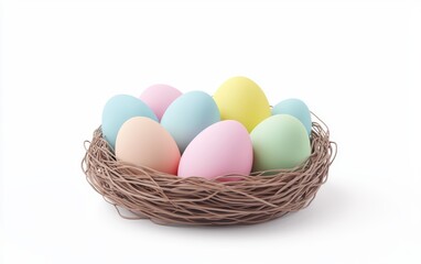 Fototapeta premium Pastel-colored Easter eggs arranged in a nest isolated on white