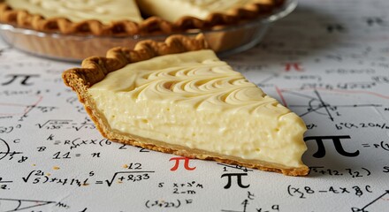 Creamy pie slice on mathematics themed background featuring pi symbols and equations