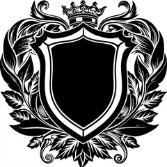 Ornate Black and White Shield with Crown and Leaves.