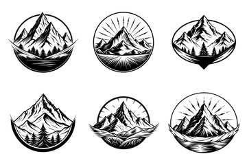 Unique Badge Designs with Mountain Elements on Plain White Background.