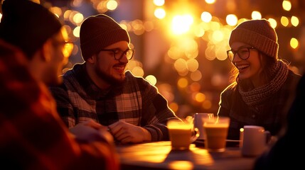 Group of friends enjoying warm drinks at a cozy outdoor cafe during sunset, with festive light in background