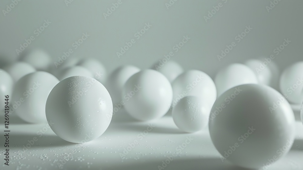 Poster white abstract background with a cluster of wet glossy white spheres of different sizes.