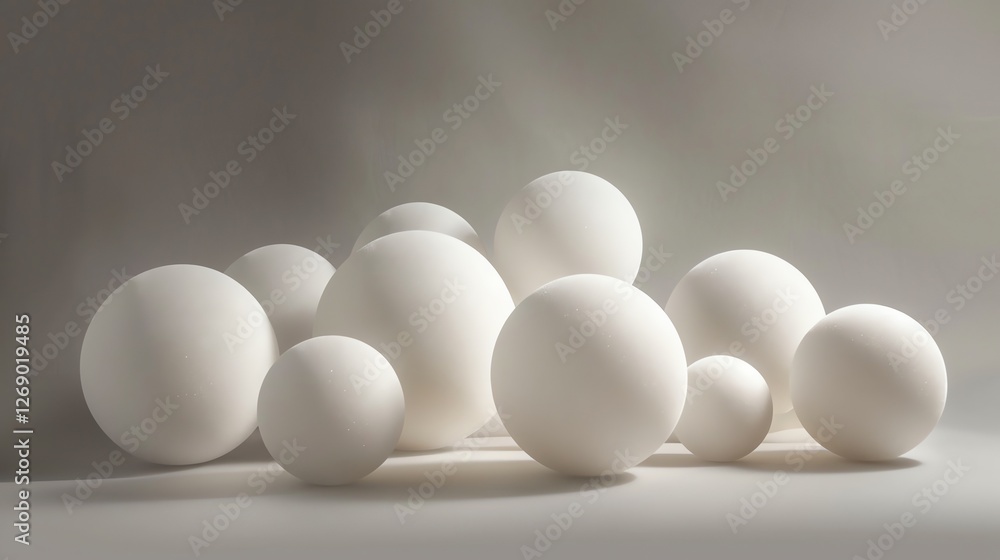 Poster 3d rendering of a group of white spheres of different sizes on a white background.