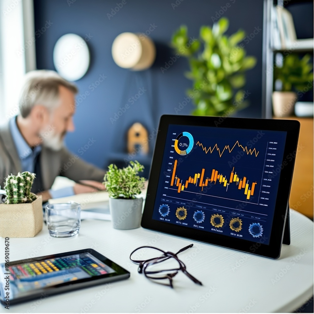 Poster analyzing business growth data office space digital display modern environment close-up view strateg