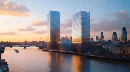 Obraz premium Sunset view over the river showcasing modern skyscrapers and iconic city architecture in the background