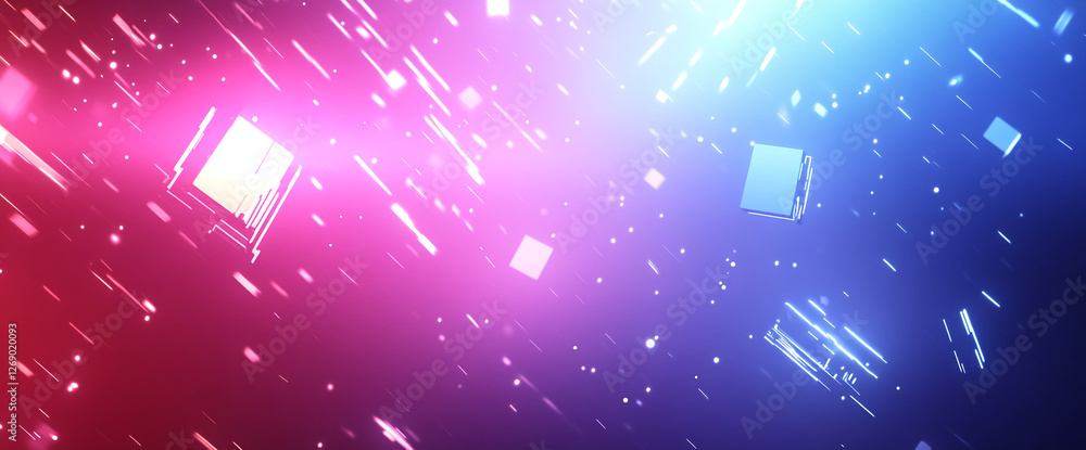 Poster abstract glowing neon squares and lines on a vibrant background, creating a sense of motion and futu