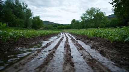 Obraz premium Rural farmland track flooded after rain, green plants background