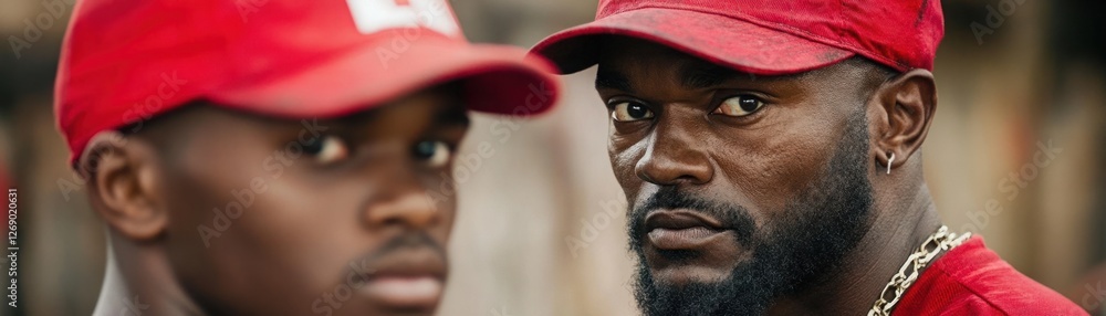 Poster two men wearing red caps posing confidently in an urban setting, expressing friendship and unity wit