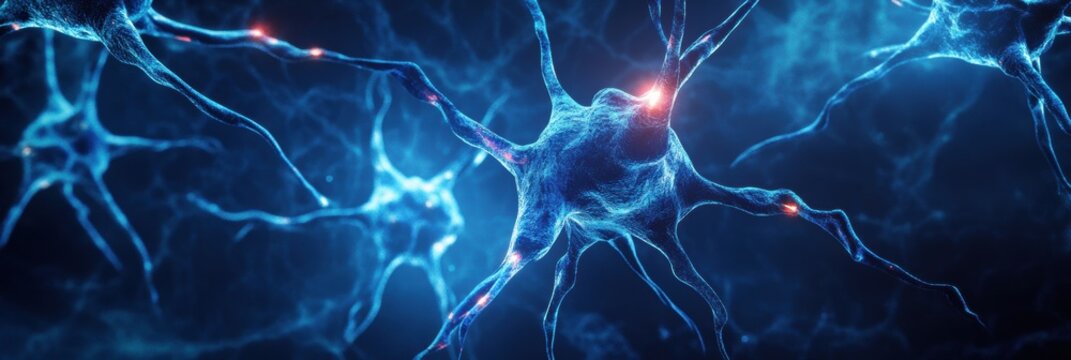 Neurons transmit signals in a vibrant blue network during a close up observation at the cellular level. Generative AI