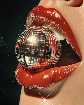 A close-up pop art illustration of shiny red lips gently biting a metallic disco ball 