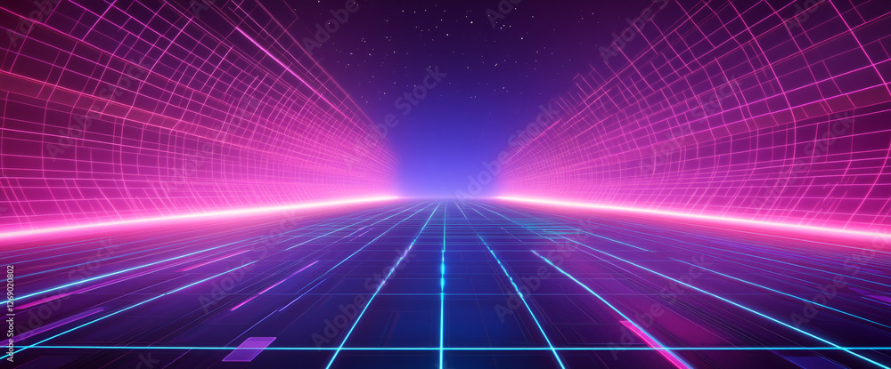 Poster futuristic neon glowing grid with bright pink and blue light trails creating a sense of depth and mo