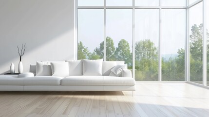 Fototapeta premium Serene Minimalist Living Room with Stunning Greenery View