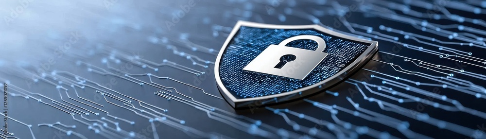 Poster digital security shield with padlock symbol on circuit board background representing cyber protectio