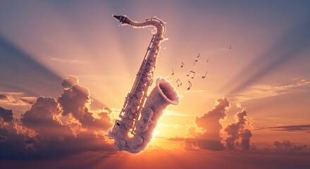 Surreal saxophone clouds: musical notes and dreamy sunset imagery