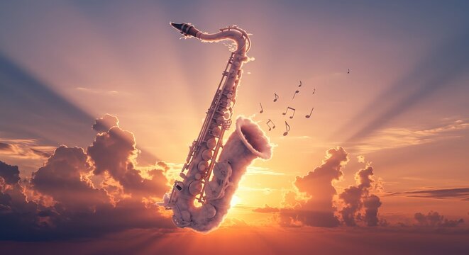 Surreal saxophone clouds: musical notes and dreamy sunset imagery