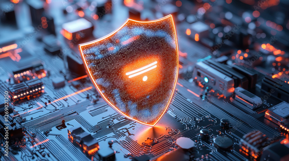 Poster digital shield symbolizing iot device protection on circuit board