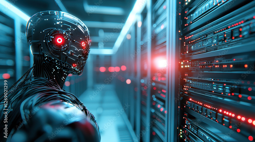 Poster futuristic robot in server room with blinking lights and technology