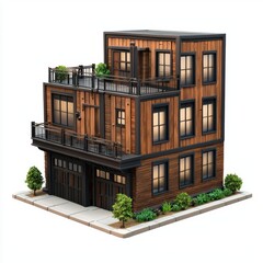 Fototapeta premium Stylish urban townhouse with wooden and metal elements, isolated on white