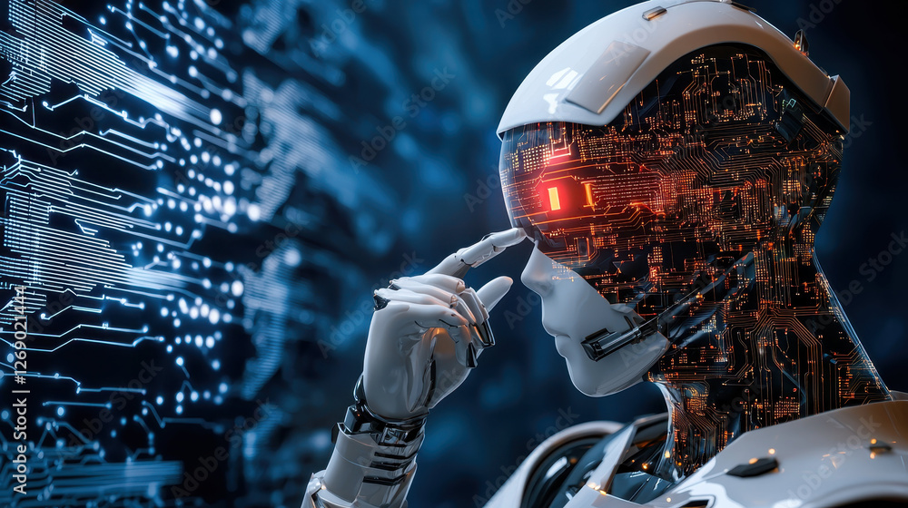 Aufkleber futuristic robot with circuit patterns, glowing red eye, and technology background