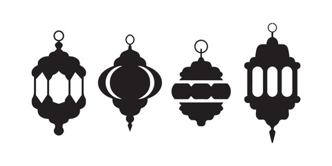 Black ramadan lanterns. Famous line lantern, arabic lamps silhouettes vintage egyptian moroccan dubai eastern lamp for islamic mosque or arabian lighting, vector illustration of lantern 