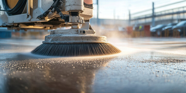 Close-up view of an industrial floor sweeper cleaning a large, smooth surface in an outdoor facility under bright sunlight