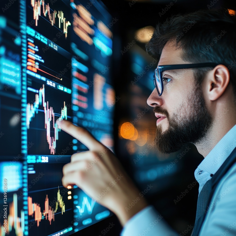 Poster analyzing financial trends office environment data visualization professional context close-up view 