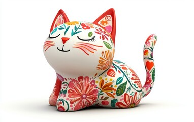 Whimsical cat figurine with painted floral patterns isolated on white