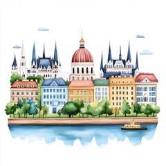 Colorful urban skyline illustration with historical buildings and reflections in water, peaceful scene in a city
