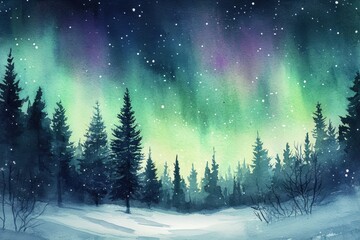 Fototapeta premium Majestic northern lights illuminate a snowy forest landscape on a clear winter night with vibrant colors and serene atmosphere. Generative AI
