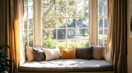 Cozy window seat with cushions, sunlight streaming in, lush garden view outside, tranquil atmosphere