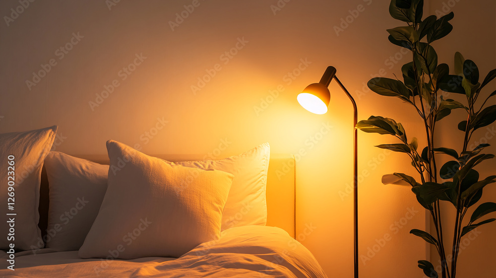 Poster cozy bedroom scene featuring soft white bedding, a warm light from a desk lamp, and a potted plant, 