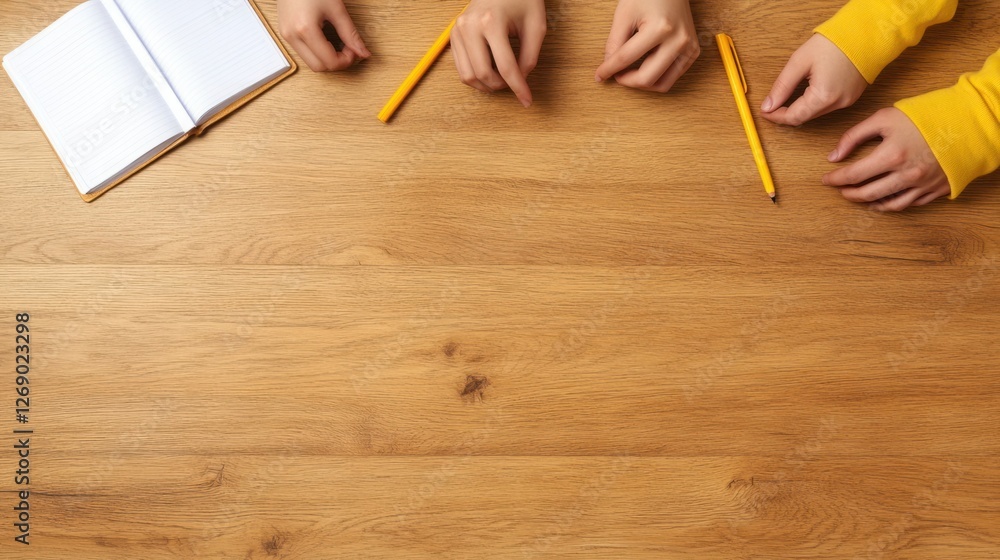 Poster hands of individuals interacting with yellow pens and a notebook on a wooden table surface in a casu