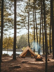 Enjoying a peaceful camping experience by the lake with a cozy tent and campfire surrounded by tall trees. Generative AI