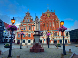 Town Hall Square and Blackheads House at sunrise, Riga.