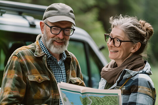 An older couple reads a map together outside their camper, enjoying an outdoor adventure