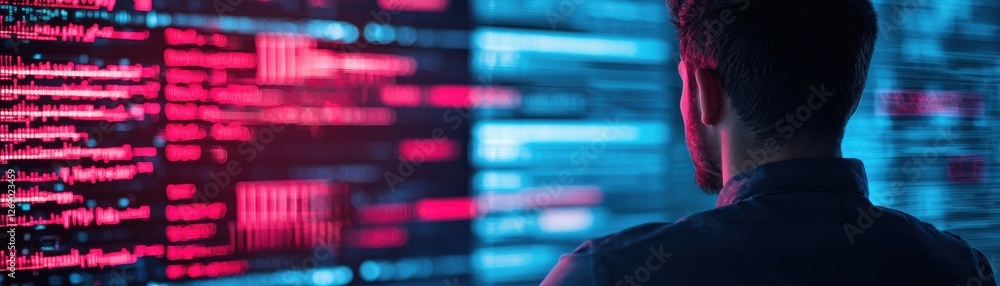 Poster person observing digital data streams with colorful light effects in a tech environment